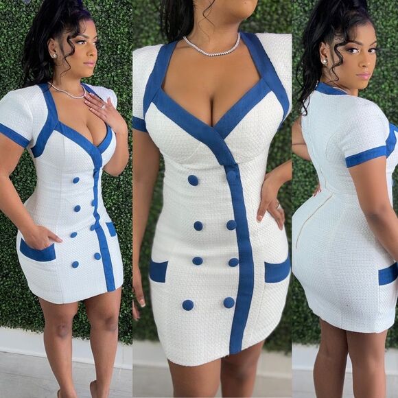 L'ATISTE Tweed white/ Navy outlined Mini Dress-Size NWT - Picture 1 of 11